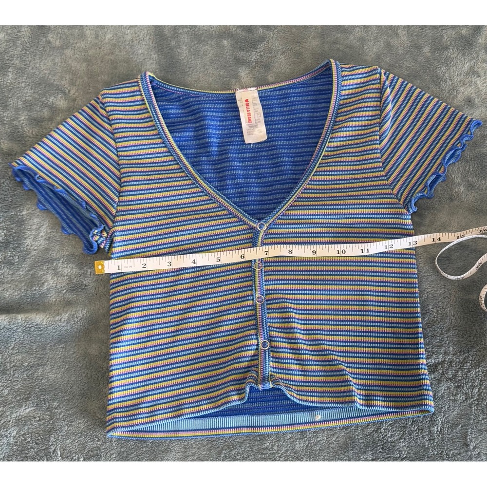 Bella Seamless Striped Ribbed Cropped Top Blue Green Short Sleeve Button Front - Picture 4 of 7